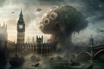 AI generated illustration of an extraterrestrial plane flying over the Big Ben clock tower in London - obrazy, fototapety, plakaty