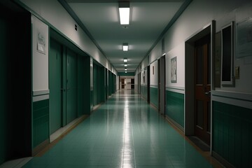 AI generated illustration of a dimly lit hallway featuring two emerald green doors