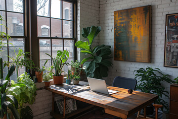 Fototapeta na wymiar Home office setup featuring a wooden desk, laptop, and an array of lush indoor plants bathed in warm natural light from a large window.