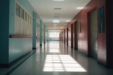 Fototapeta premium AI generated illustration of a school hallway filled with natural light