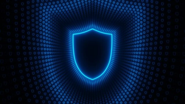 Blue neon shield icon with wave shield icons loop animation