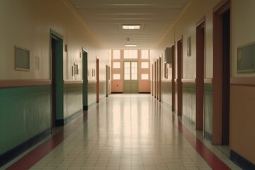 AI generated illustration of  an empty school hallway with polished tiled flooring