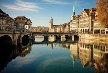 Fototapeta premium Historic buildings along the Limmat river in Bern, Switzerland.