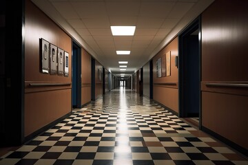 AI generated illustration of  an empty school hallway with polished tiled flooring