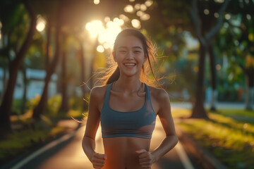 A young woman jogs through a park with a beautiful sunset behind her, showcasing a healthy lifestyle and the joy of exercise.