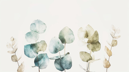 Watercolor eucalyptus branches with round leaves. Floral concept. Aesthetic invitation template. Generative AI - obrazy, fototapety, plakaty