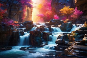 Digital Art Bird Flying over AI-Generated Tropical Waterfall Painting