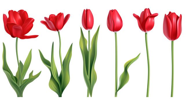 Set of plastic red tulip flowers with stem, and leaves.