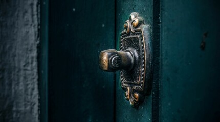 Vintage doorknob on a dark green door.