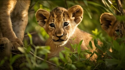AI generated illustration of A small lion cub standing in a grassy savannah.