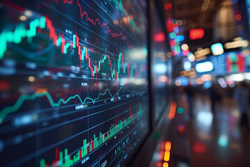 A detailed view of a vibrant stock market exchange display, with fluctuating graphs and figures illustrating the fast-paced financial environment.