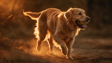 Golden retriever running in the field with a ball in its mouth - obrazy, fototapety, plakaty
