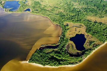 Aerial view of large land of a forest surrounded by a river of brown water and several smaller lakes