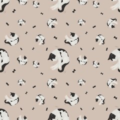 Cute Funny sleepy black and white cat seamless pattern on brown background