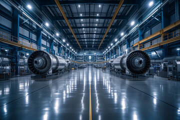 Twin jet engines awaiting assembly or inspection on a clean and modern aerospace factory floor. - obrazy, fototapety, plakaty
