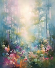AI generated illustration of a vibrant oil painting on a canvas featuring a mystic forest setting