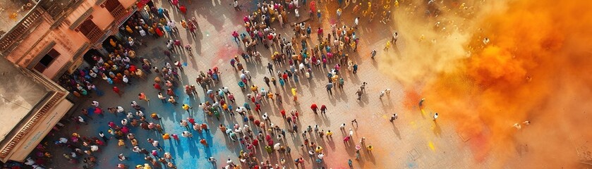 Vibrant Holi celebration captured from above, showcasing a town square alive with color and...