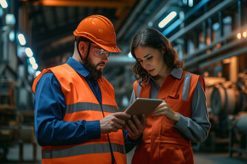 A male and female industrial worker in reflective vests and hard hats use a tablet to discuss workflow in a manufacturing plant.