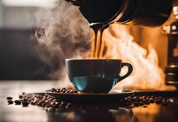 the steaming cup is being filled with smoke over coffee beans - obrazy, fototapety, plakaty