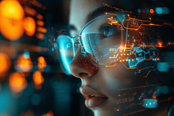 Close-up of a woman wearing advanced AR glasses with glowing digital overlays, symbolizing cutting-edge technology.