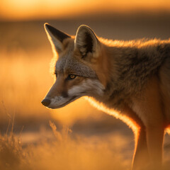AI generated illustration of a fox, illuminated by the glowing light of the setting sun