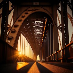 AI generated illustration of a beautiful sunset illuminating an iron bridge