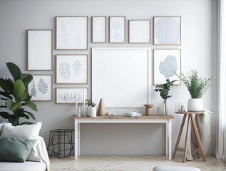 AI generated illustration of interior space with modern decor and an empty frame for copy space