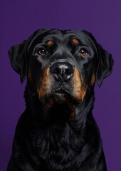 Obraz premium Portrait of black Rottweiler, highlighting its shiny coat and deep, soulful eyes, with majestic and attentive expression, set against vivid purple background