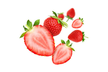Strawberries and sliced strawberry flying in the air on transparent background
