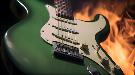 AI generated illustration of a green electric guitar against a dark background with flames over it - obrazy, fototapety, plakaty