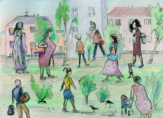 quick sketch, people walking in the park - 731724766