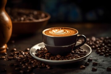 AI generated illustration of a cup with a foamy latte on a saucer with coffee beans