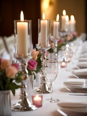 AI-generated illustration of a wedding table with pink flowers and candles in glass holders.