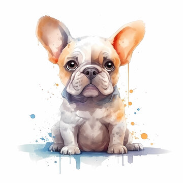 AI generated illustration of an adorable French Bull in watercolor on a white background