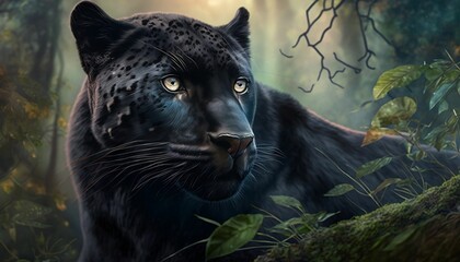 AI-generated illustration of a majestic black panther in a lush forest.