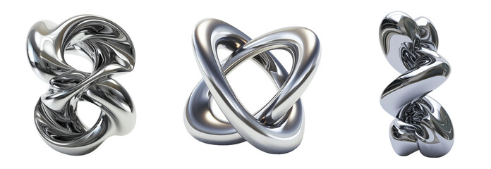 Set of 3d rendered metallic twisted shape, metallic color, isolated on transparent background
