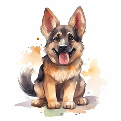 AI generated illustration of a german shepherd in a watercolor style on a plain white background