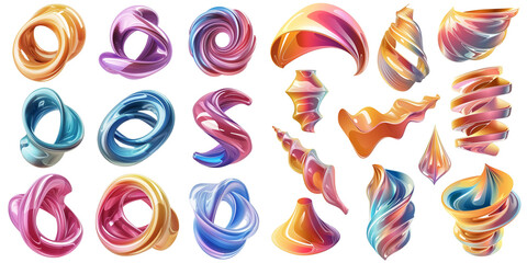 Set of fractal twisted glossy shapes, isolated on transparent background.