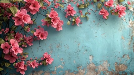Pink flowers on the branches on a vintage wall background
