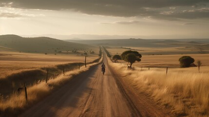 Fototapeta na wymiar Cyclist riding along a dirt road surrounded by rolling hills and plains. AI-generated.