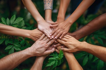 A diverse group of individuals forming a circle and joining their hands together in a unified gesture.