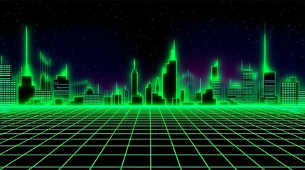 AI generated illustration of a futuristic city skyline illuminated by bright neon lights