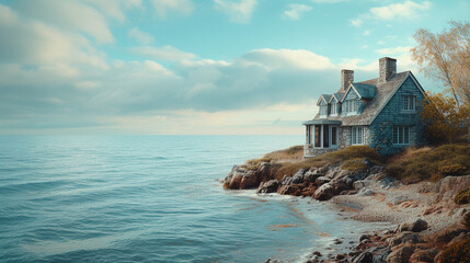 A coastal retreat featuring weathered shingles, overlooking the expanse of the ocean with waves...