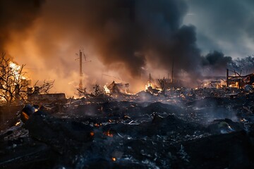 A city devastated by flames, a fire caused by an attack in the war.