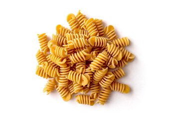 Heap of Organic Italian Chickpea Fusilli Pasta in a Wooden Bowl. Gluten-Free, Grain-Free, and Vegan Pasta. Healthy Eating Concept. Top View. Isolated on White Background.