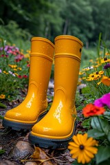 Yellow boots are standing in the summer garden after the rain