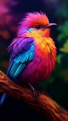AI generated illustration of a closeup of a vibrant exotic bird in neon colors