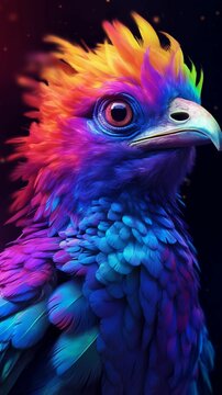 AI generated illustration of a closeup of a vibrant exotic bird in neon colors