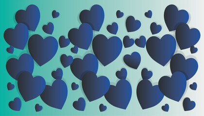 Blue black hearts fly on soft green and white color background, border, copy space vector illustration. Valentine day concept for design.