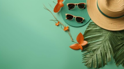 AI generated illustration of sunglasses and vacation supplies on a green background